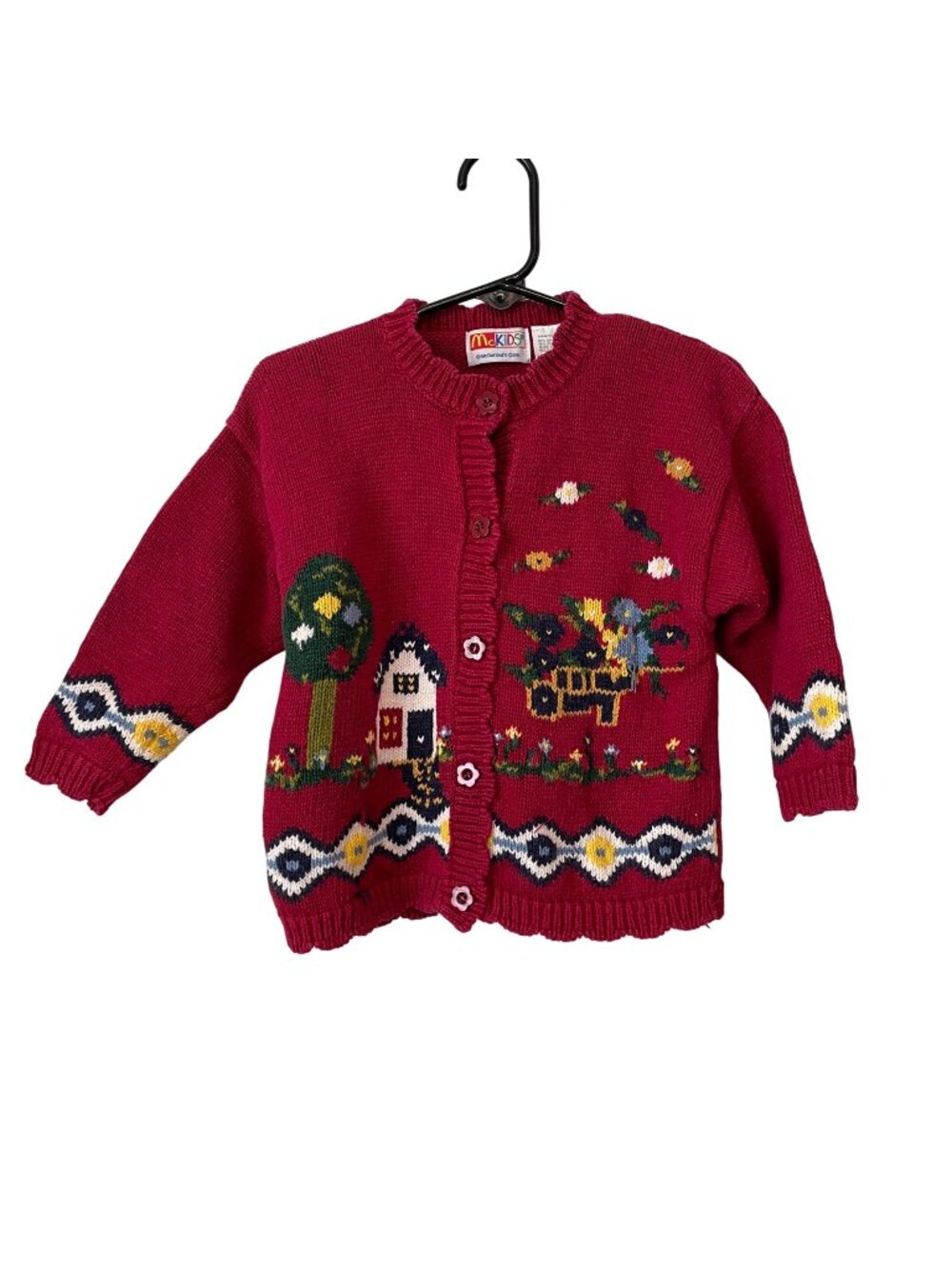 Vintage McKids Toddler Cardigan Sweater 24 Months Red Knit Farm Scene Ramie/Cott